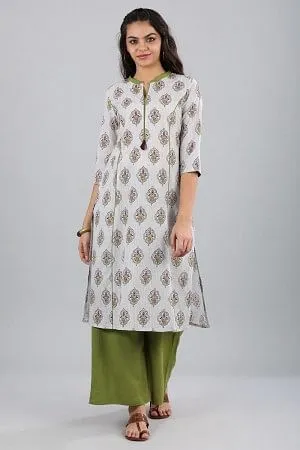 Cream Mandarin Neck Printed kurta