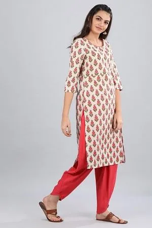 Cream Round Neck Floral Print kurta
