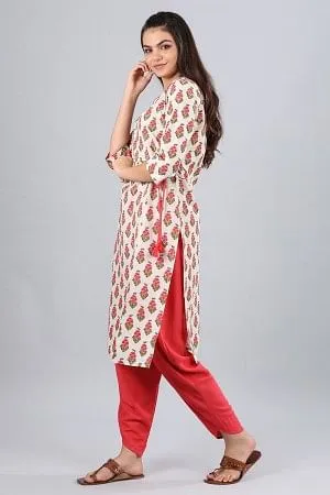 Cream Round Neck Floral Print kurta