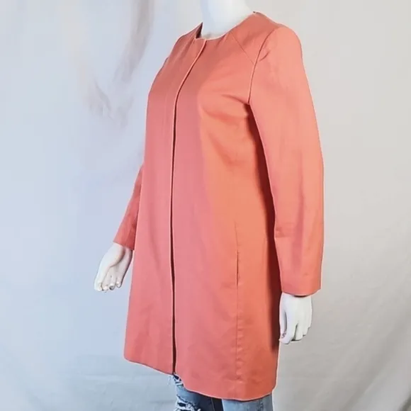 J. Crew Factory 100% Cotton Coral Zip Front Collarless Jacket Trench Coa…