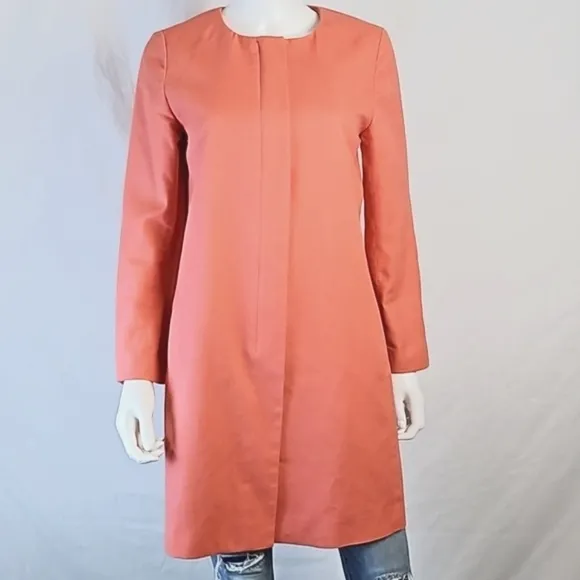 J. Crew Factory 100% Cotton Coral Zip Front Collarless Jacket Trench Coa…