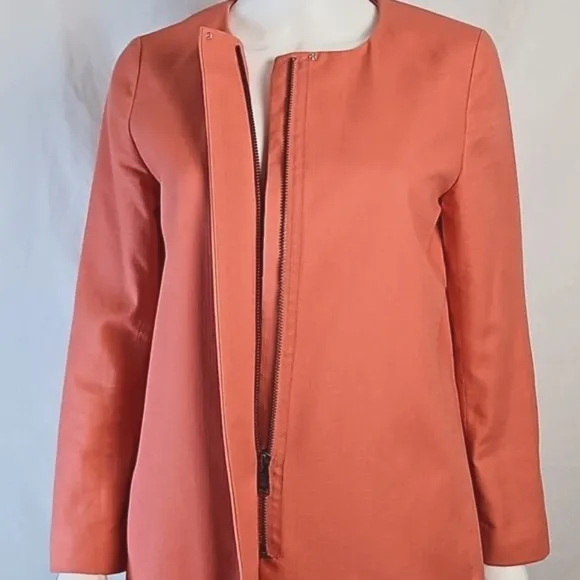 J. Crew Factory 100% Cotton Coral Zip Front Collarless Jacket Trench Coa…