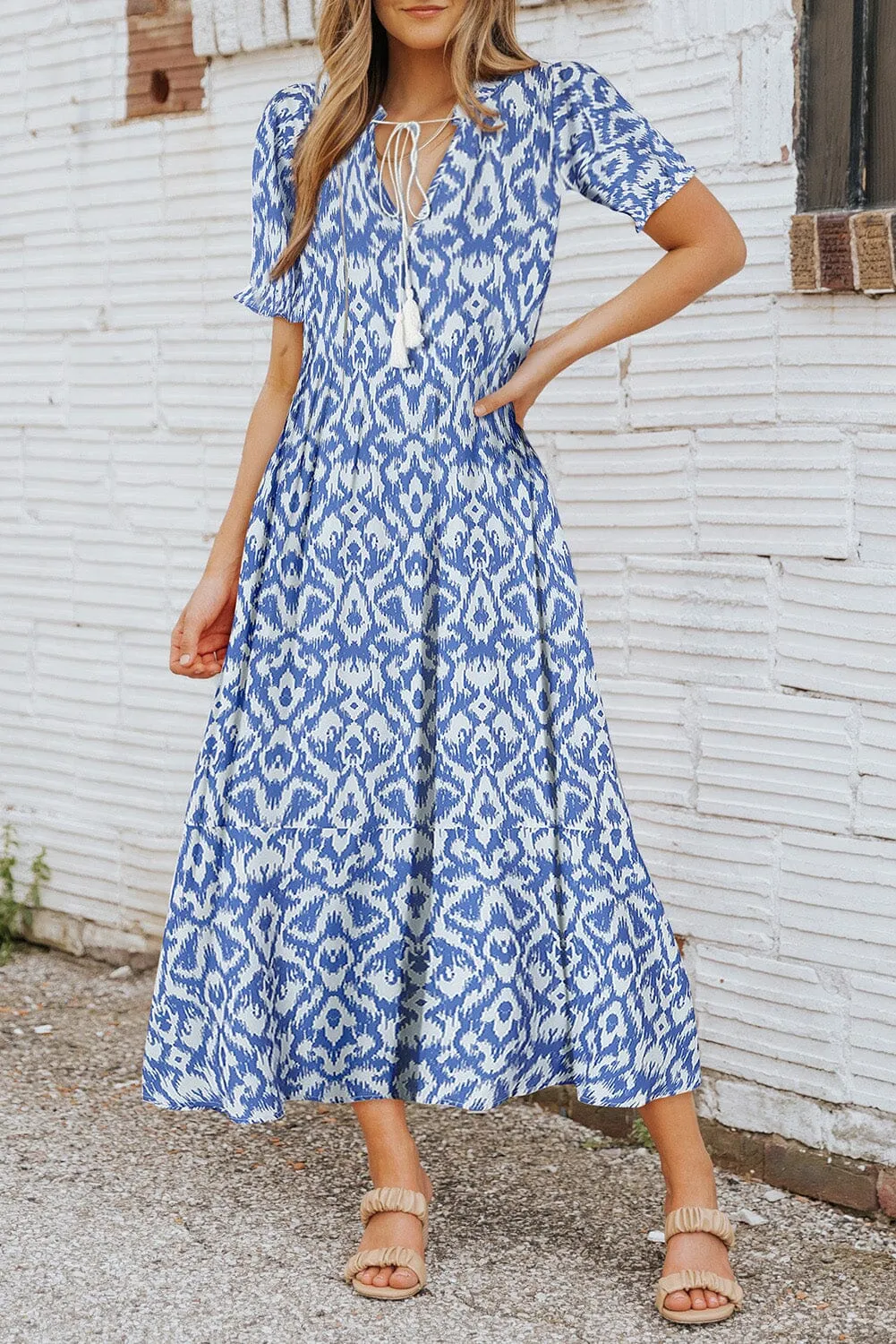 KaleaBoutique V Neck Casual Geometric Print Maxi Dress