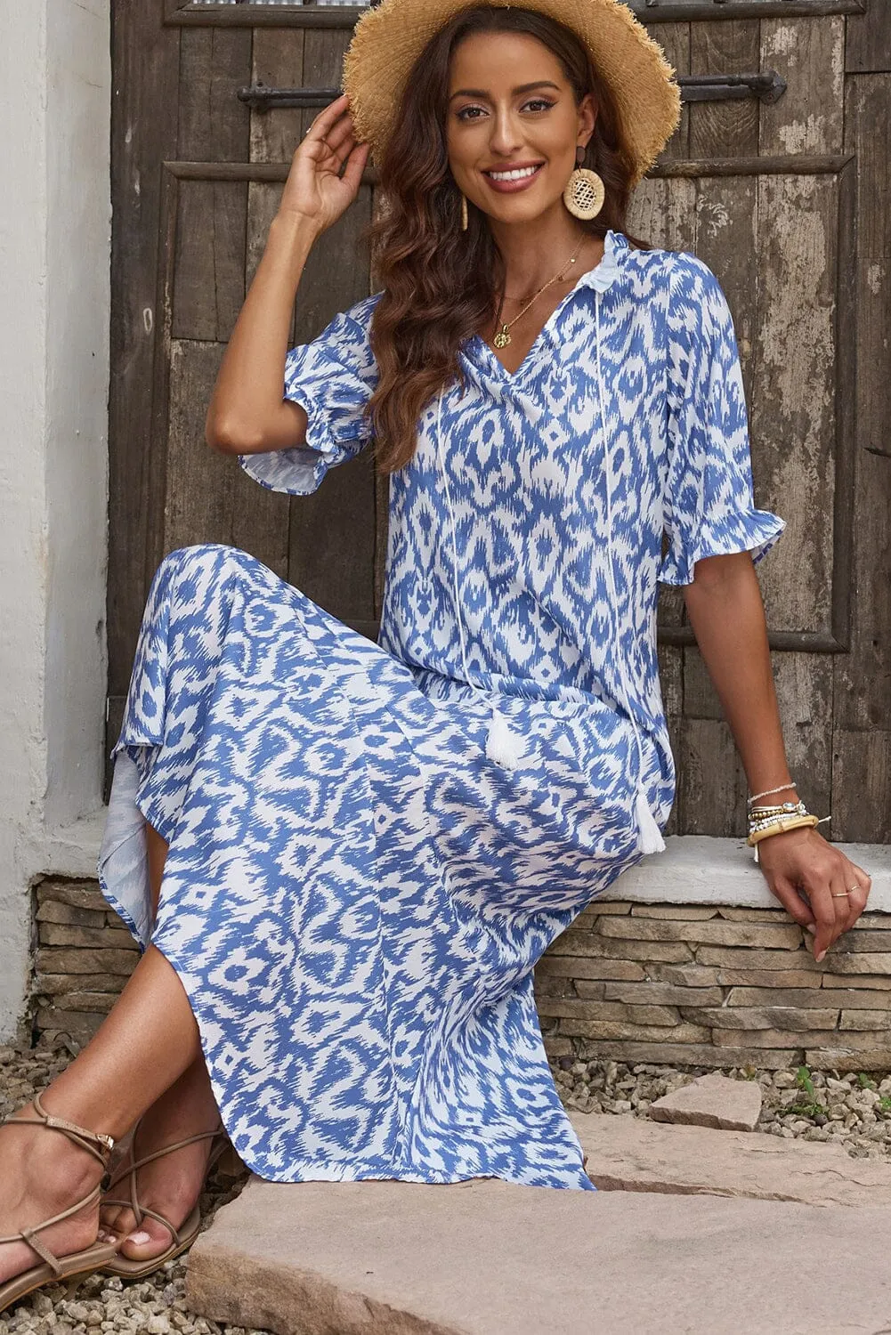 KaleaBoutique V Neck Casual Geometric Print Maxi Dress