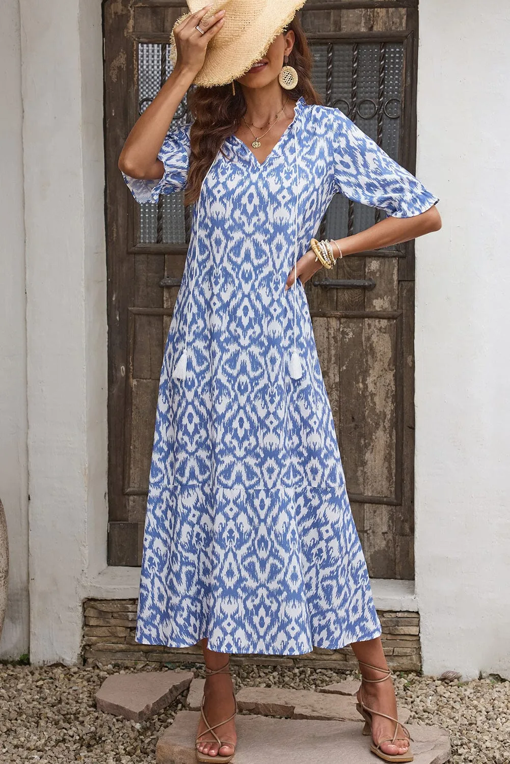 KaleaBoutique V Neck Casual Geometric Print Maxi Dress