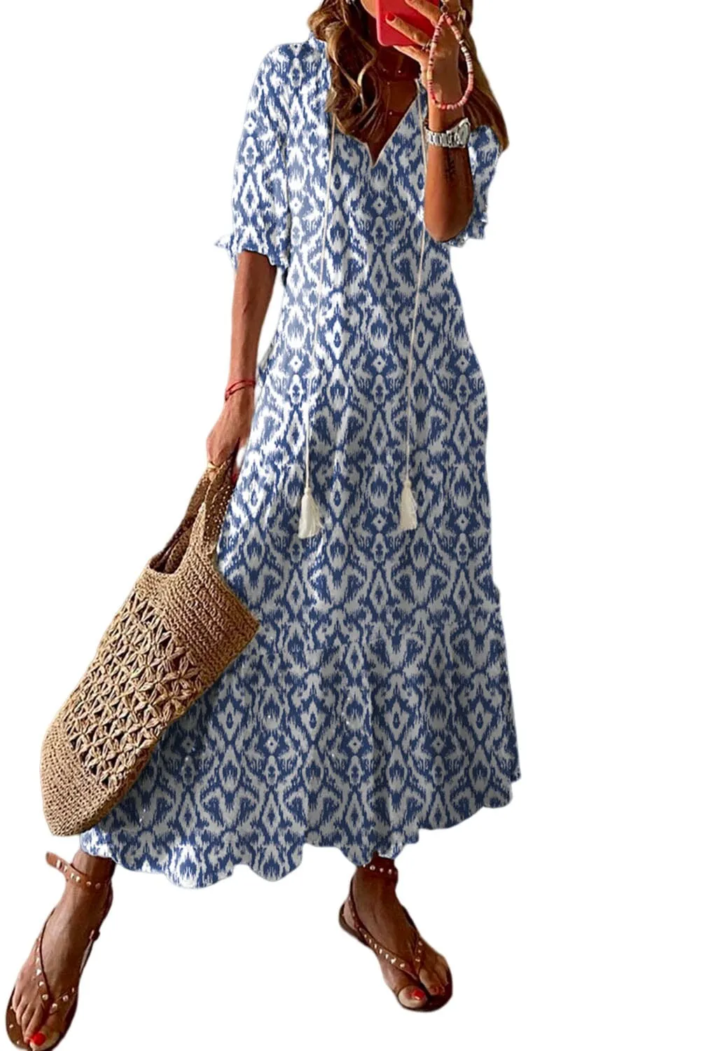 KaleaBoutique V Neck Casual Geometric Print Maxi Dress