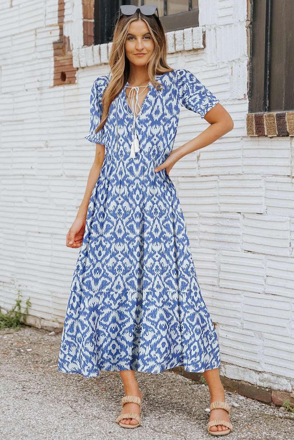 KaleaBoutique V Neck Casual Geometric Print Maxi Dress