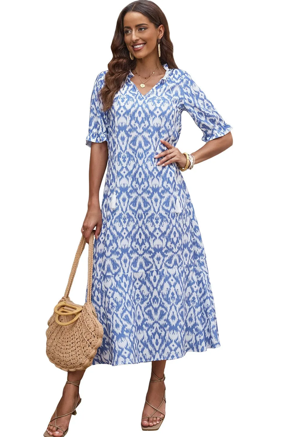 KaleaBoutique V Neck Casual Geometric Print Maxi Dress