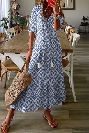 KaleaBoutique V Neck Casual Geometric Print Maxi Dress