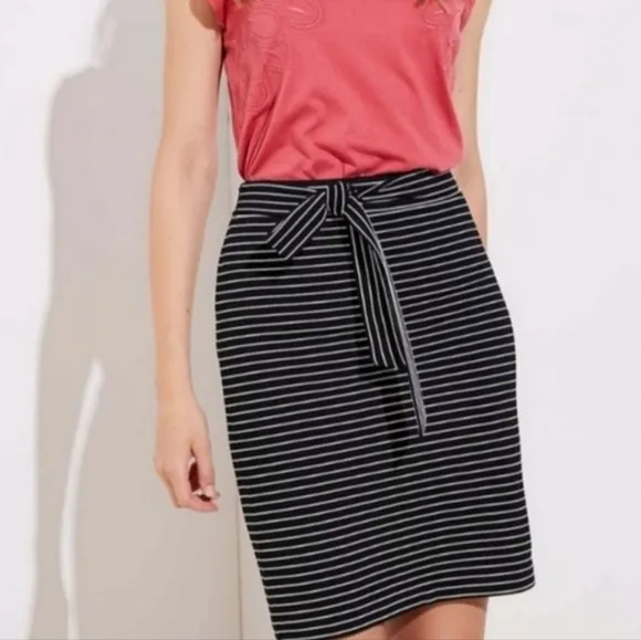 LOFT Black And White Striped Tie Waist Pencil Skirt Sz L NEW