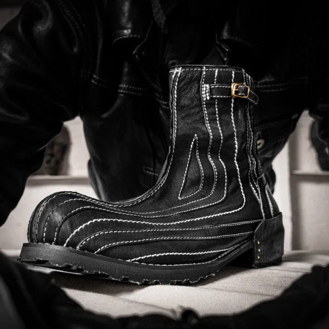 Men Vintage Black Genuine Leather Riding Boots