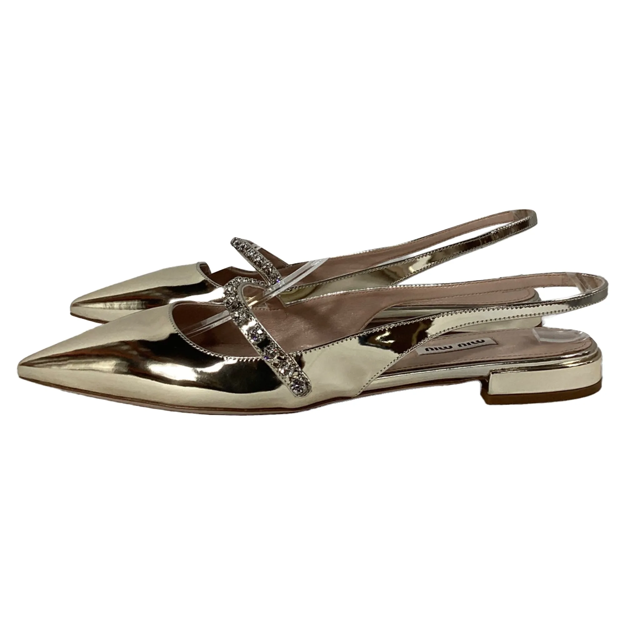 Miu Miu Crystal Embellished Slingback Flats in Gold Leather