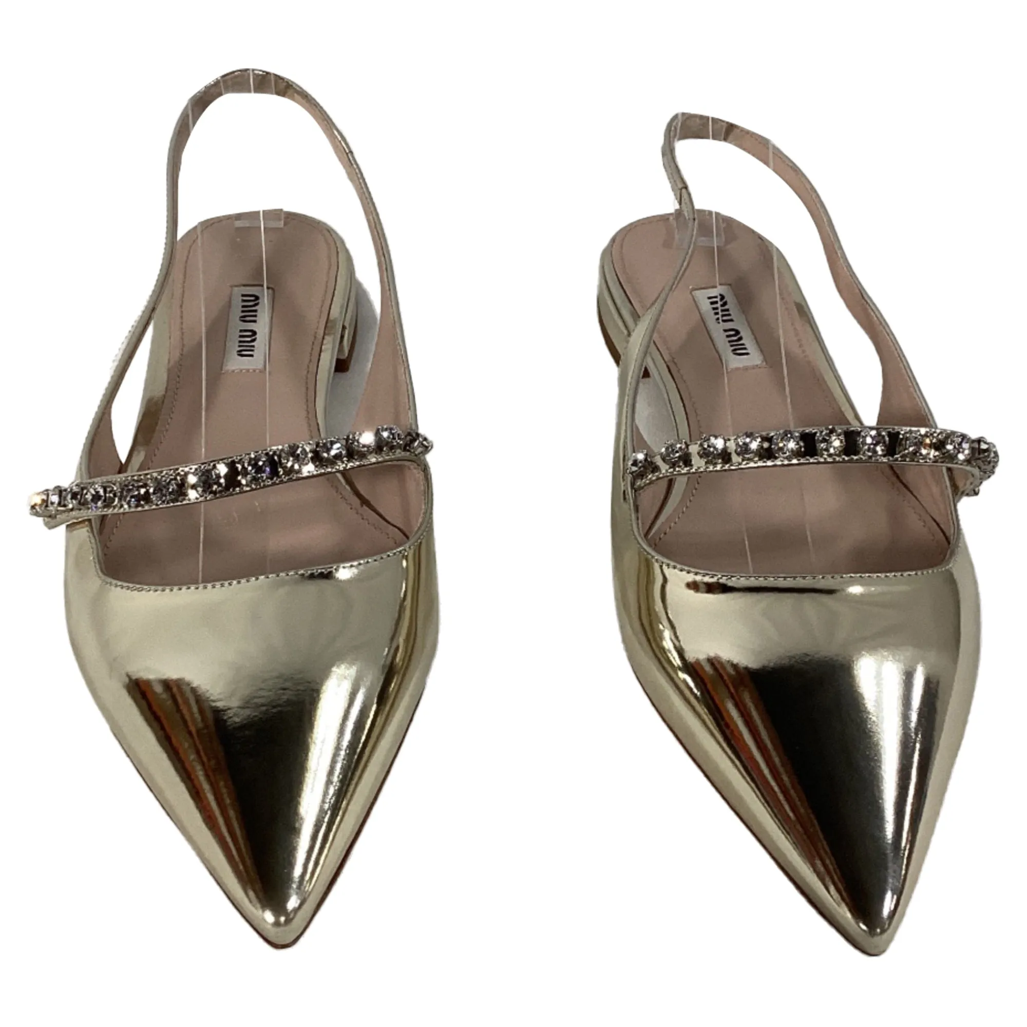 Miu Miu Crystal Embellished Slingback Flats in Gold Leather
