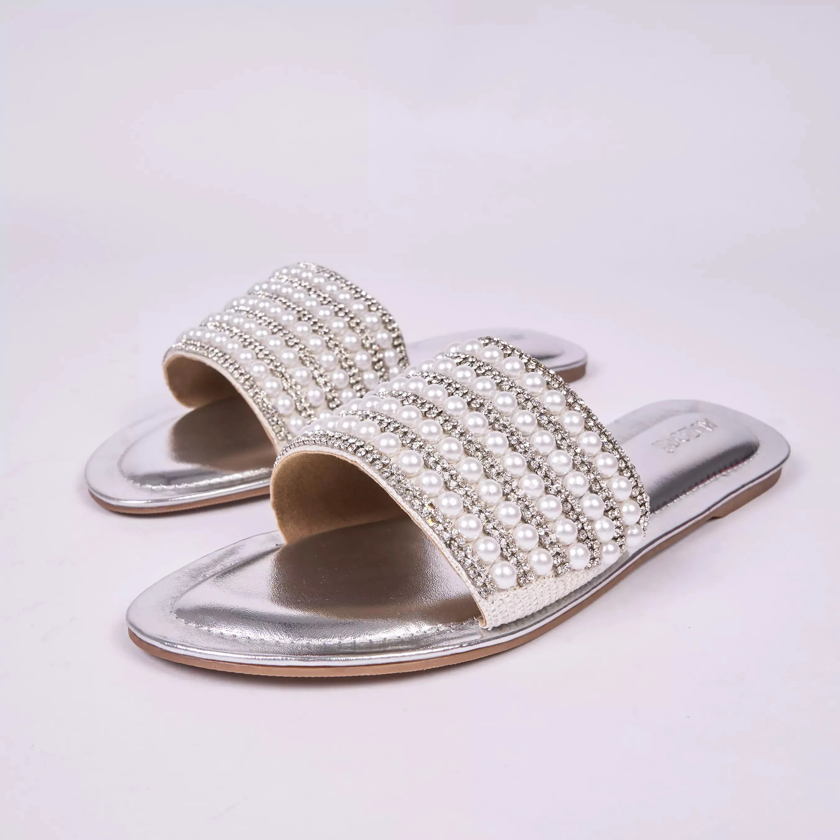 Pearl Embellished Metallic Silver Flats