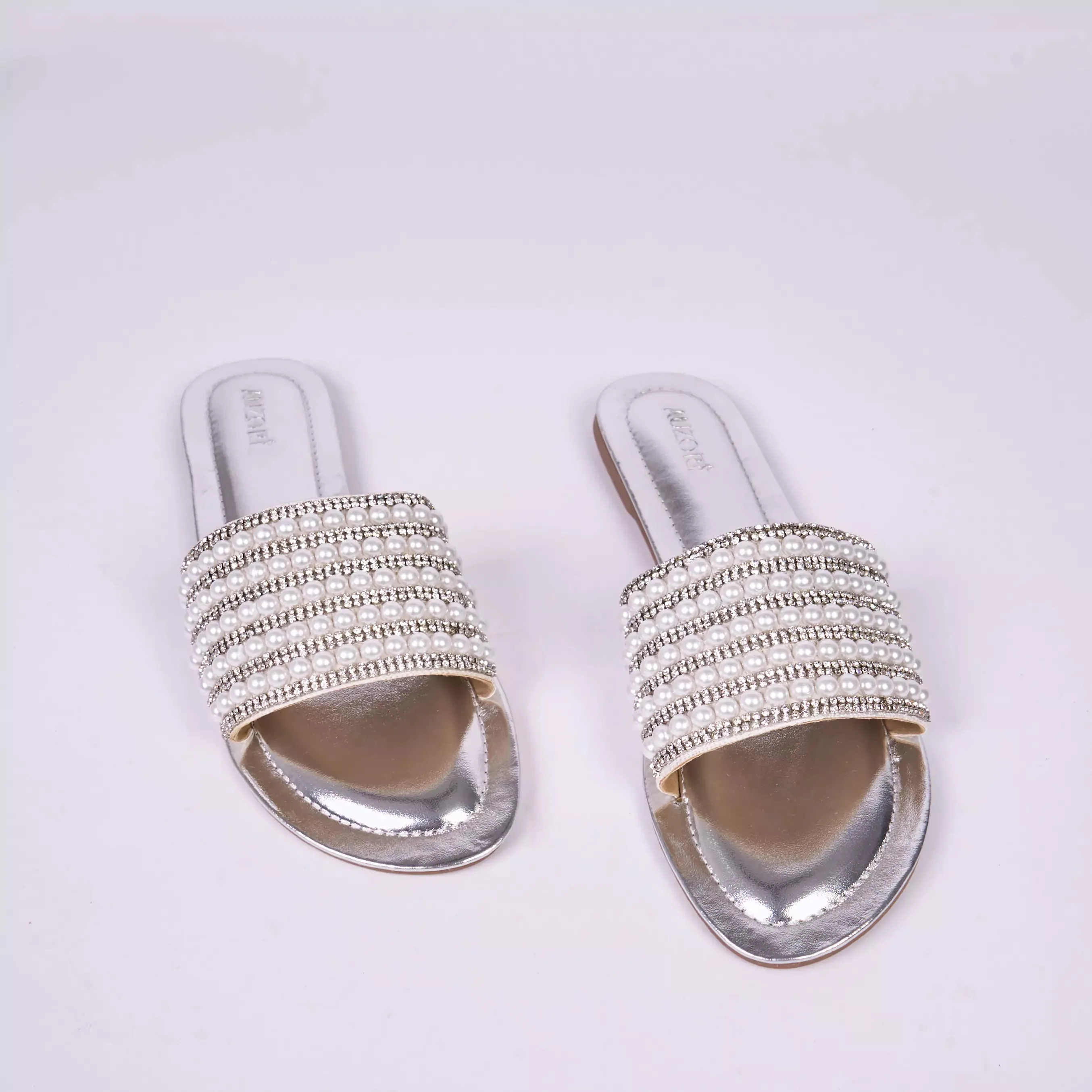 Pearl Embellished Metallic Silver Flats