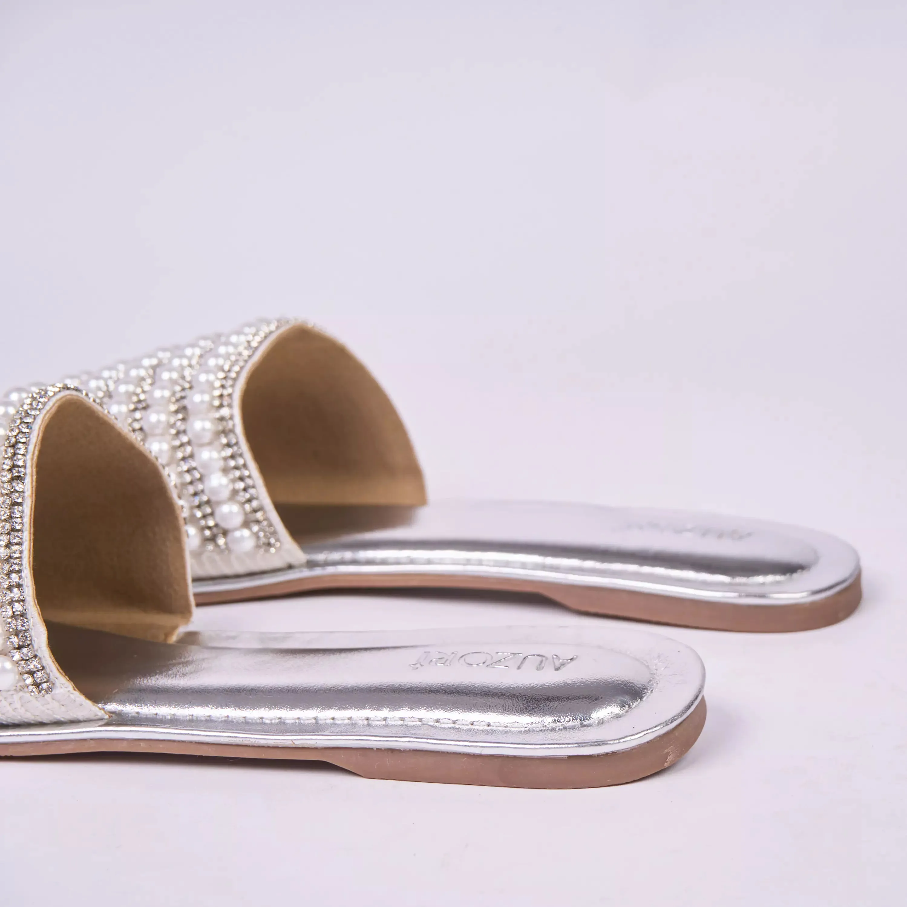 Pearl Embellished Metallic Silver Flats