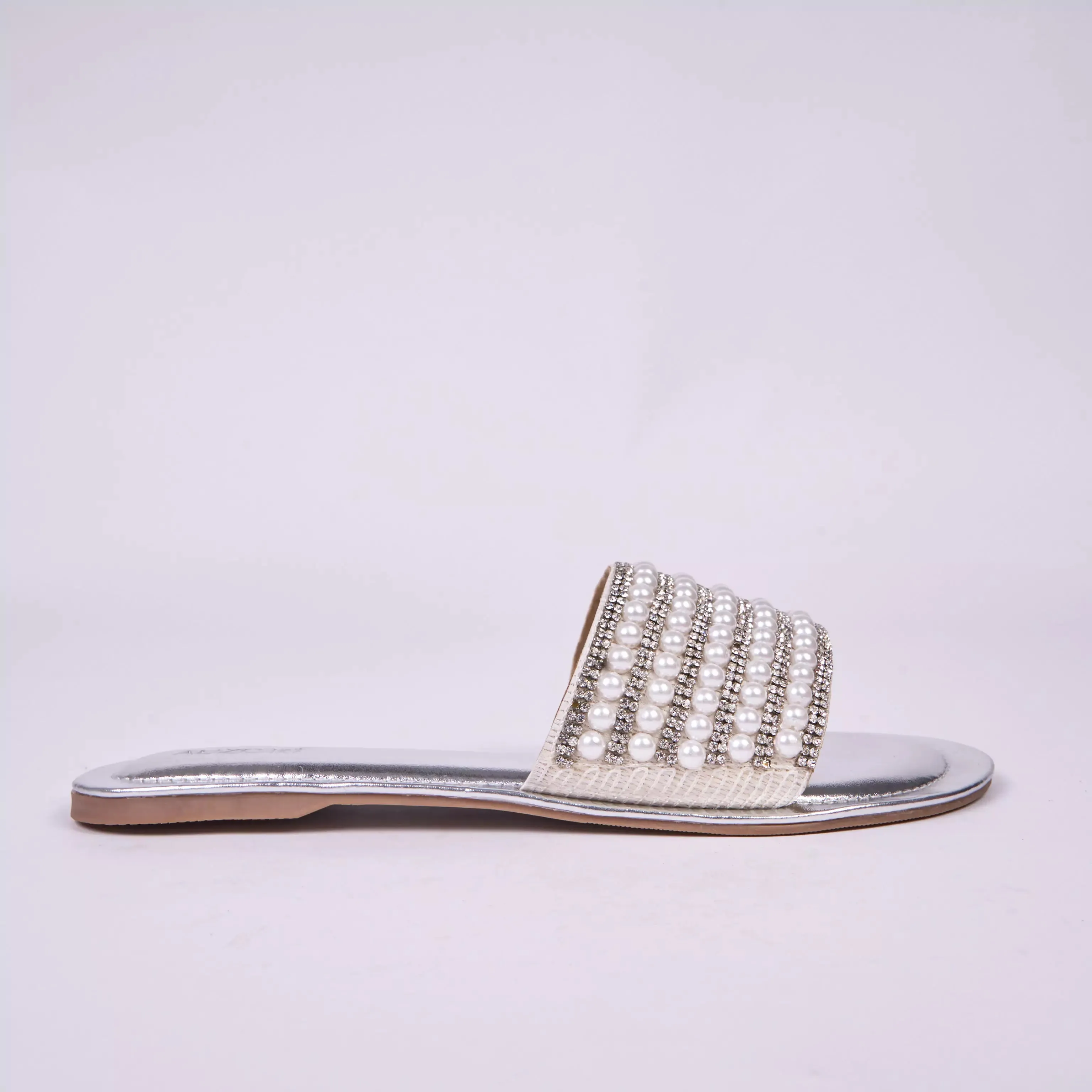 Pearl Embellished Metallic Silver Flats