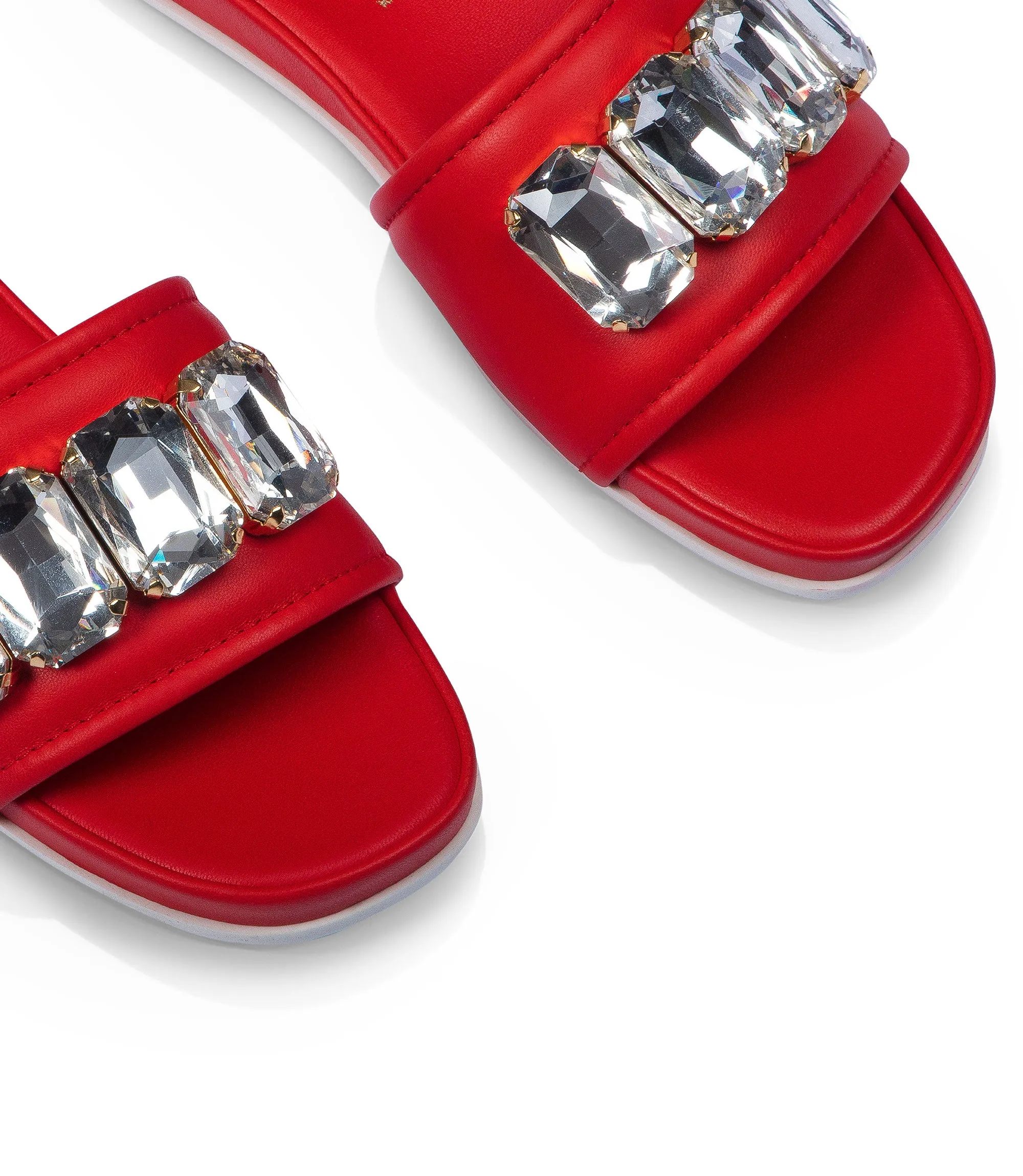 Red nappa leather jewel flat sandals