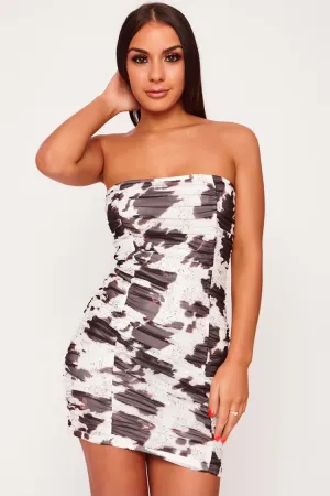 Ruched Print Mesh Mini Dress