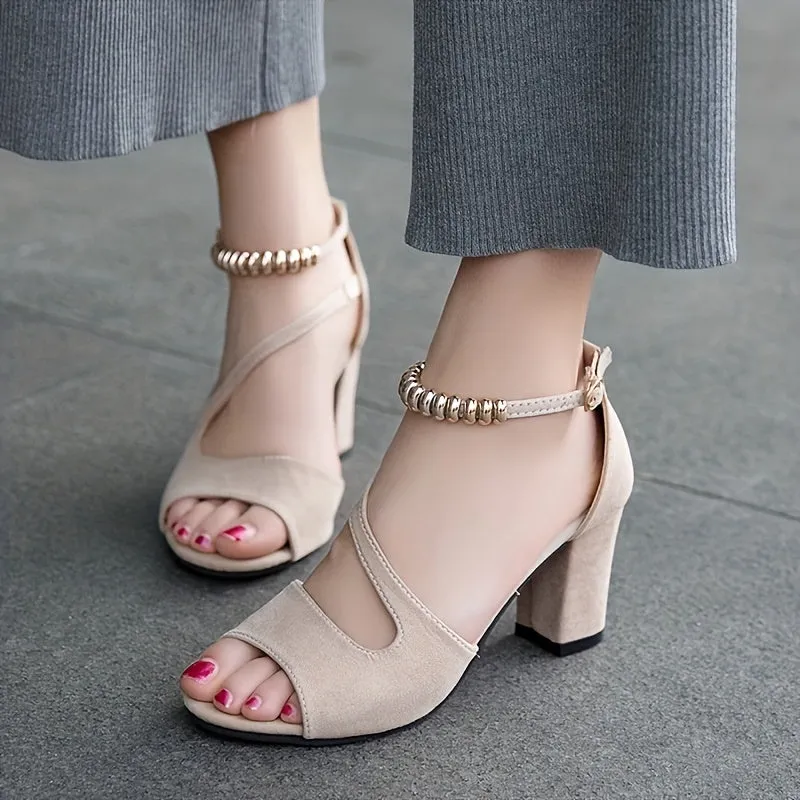VougeVamp Comfy Peep Toe Chunky Heel Sandals – Beaded Ankle Strap Summer Shoes