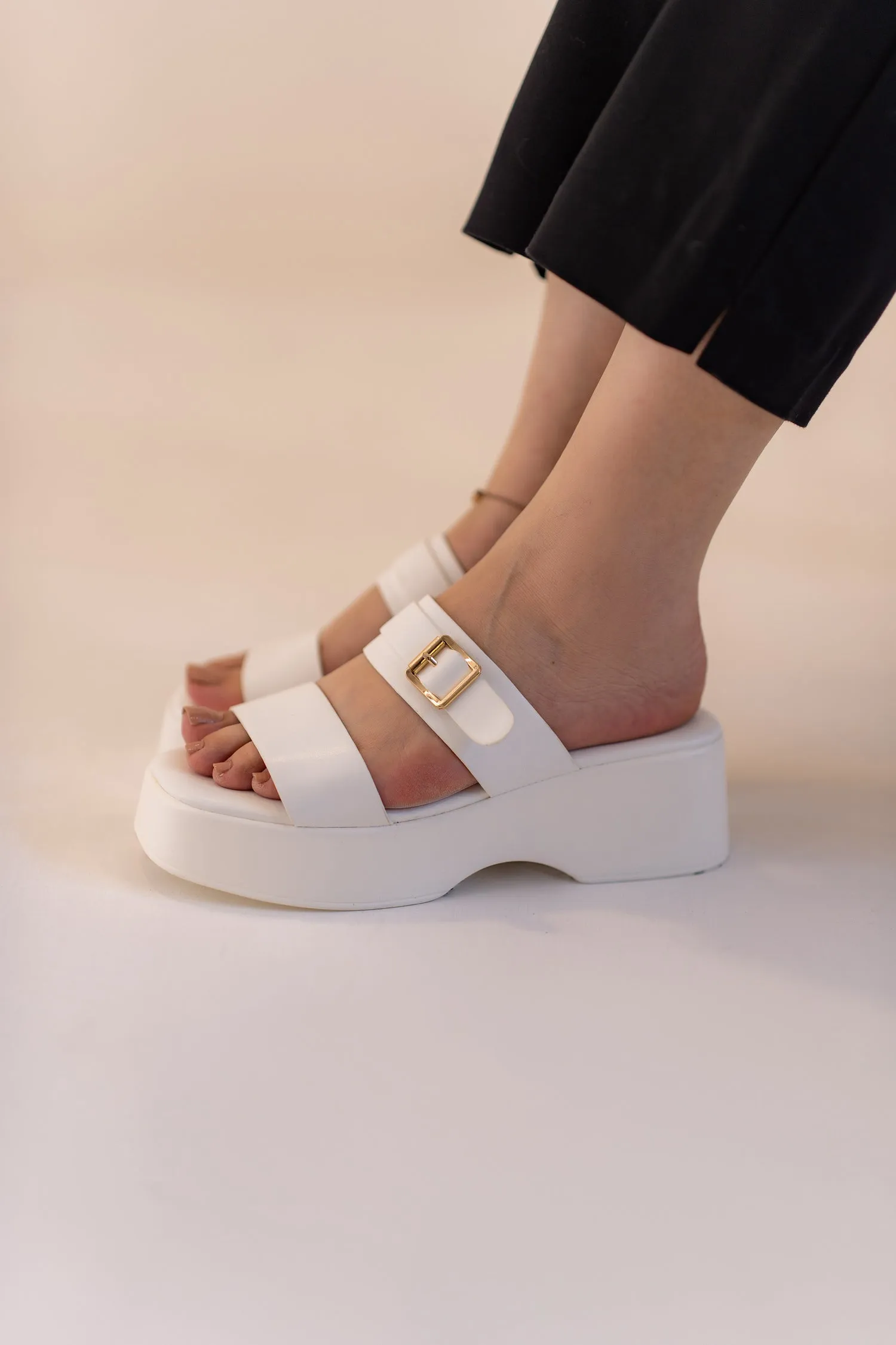 White Chunky Buckle Flats
