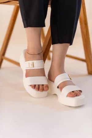 White Chunky Buckle Flats