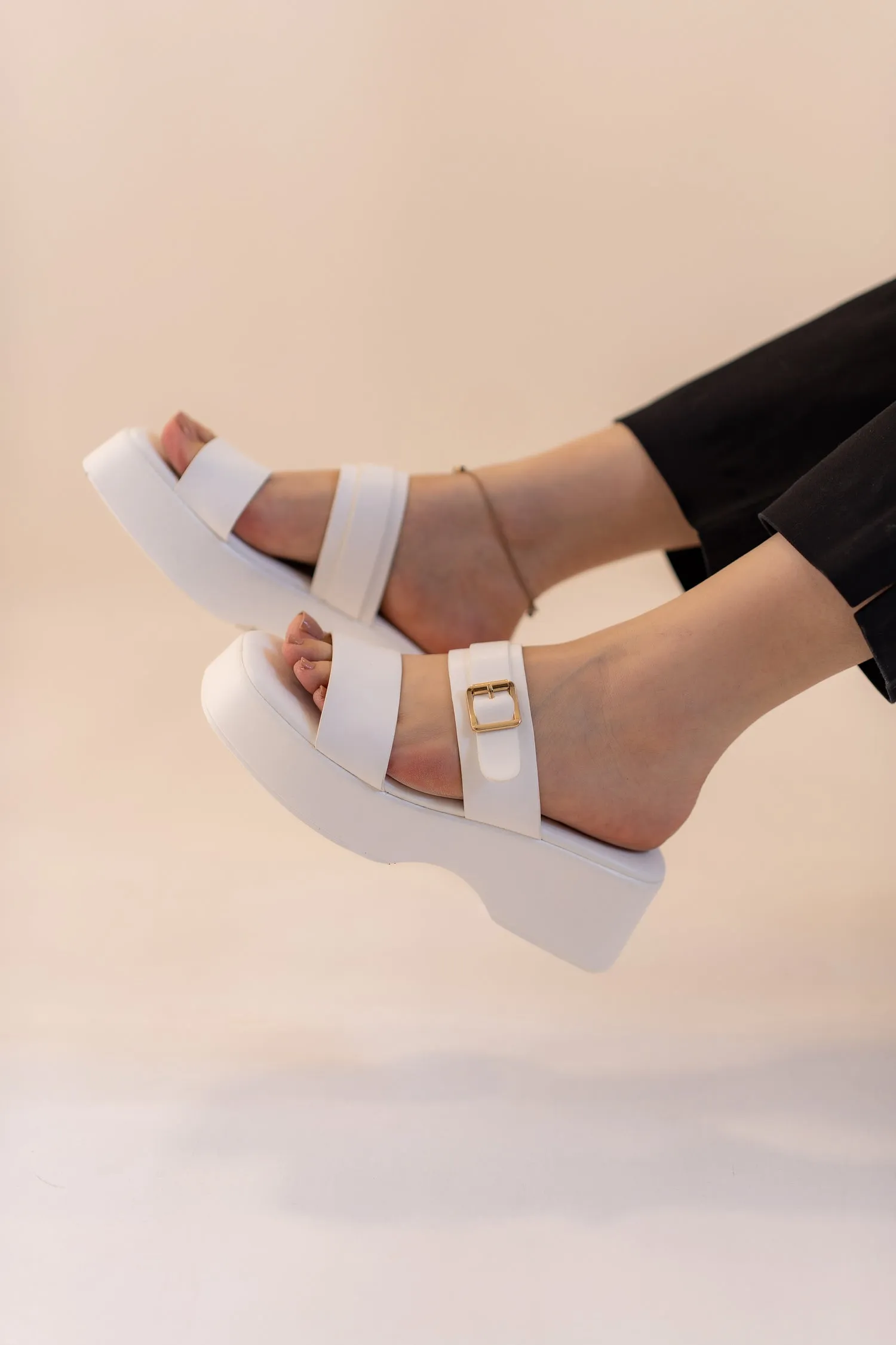 White Chunky Buckle Flats
