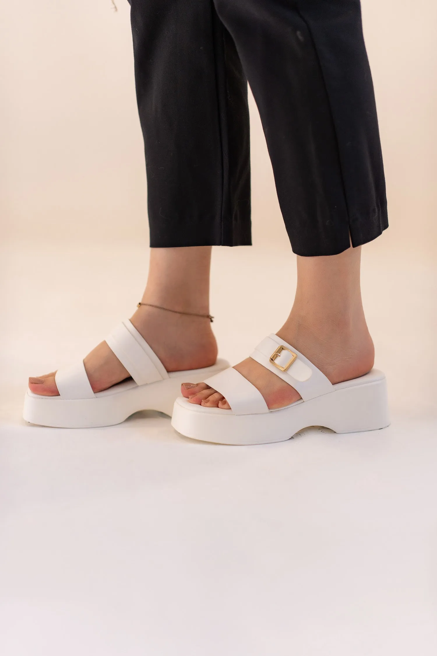 White Chunky Buckle Flats