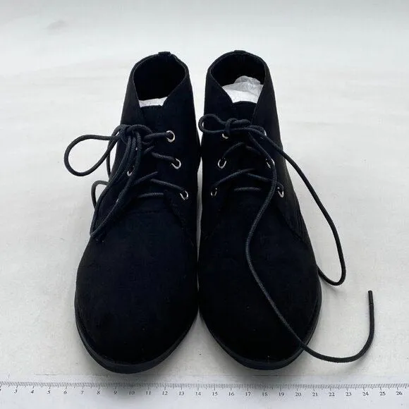 YDN Black Trendy Low Heel Pointed Toe Lace Up Chukka Ankle Boots Flats Fall Shoe