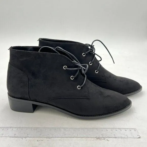 YDN Black Trendy Low Heel Pointed Toe Lace Up Chukka Ankle Boots Flats Fall Shoe