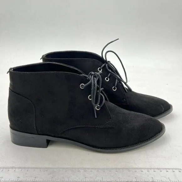 YDN Black Trendy Low Heel Pointed Toe Lace Up Chukka Ankle Boots Flats Fall Shoe