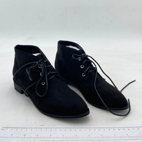 YDN Black Trendy Low Heel Pointed Toe Lace Up Chukka Ankle Boots Flats Fall Shoe