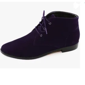 YDN Dark Purple Low Heel Pointed Toe Lace Up Chukka Ankle Boots Flats Fall Winte