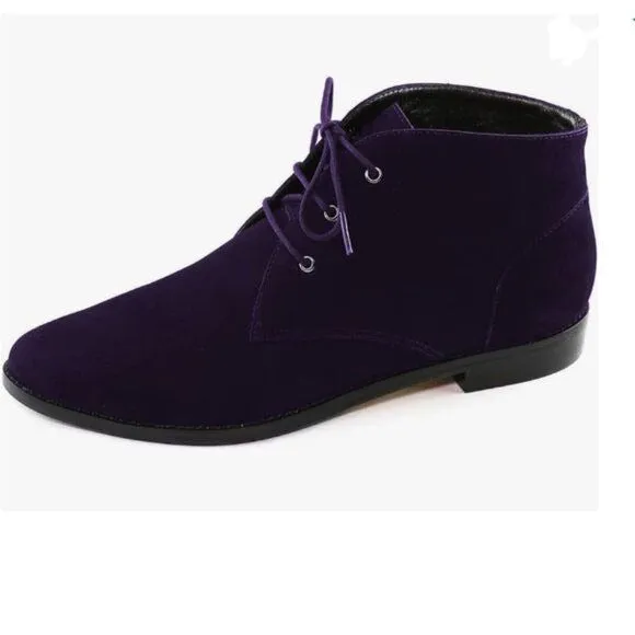 YDN Dark Purple Low Heel Pointed Toe Lace Up Chukka Ankle Boots Flats Fall Winte