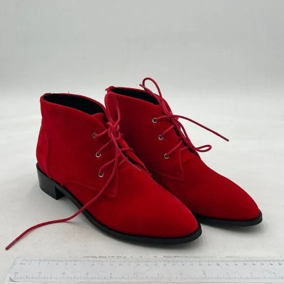 YDN Red Low Heel Pointed Toe Lace Up Chukka Ankle Boots Fall Winter Dress Shoes