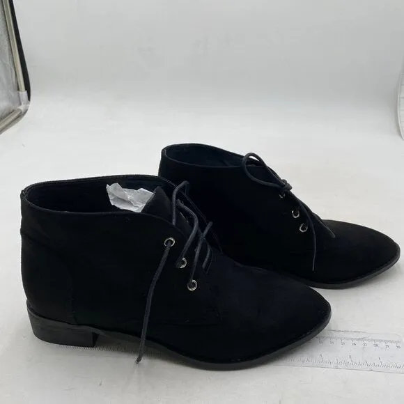 YDN Women Trendy Low Heel Pointed Toe Lace Up Chukka Ankle Boots Flats Black