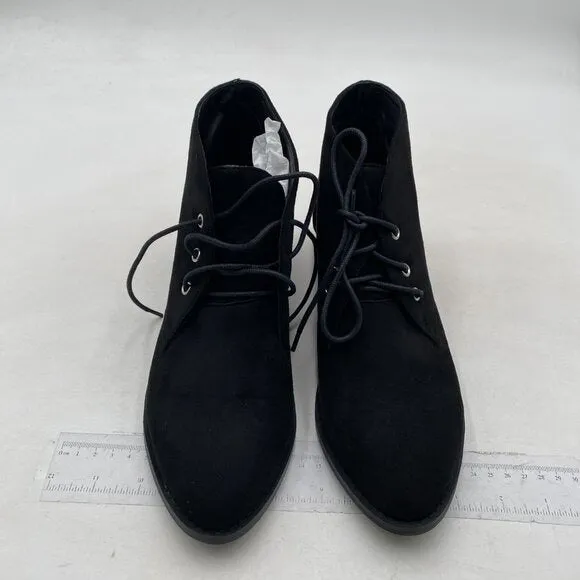 YDN Women Trendy Low Heel Pointed Toe Lace Up Chukka Ankle Boots Flats Black