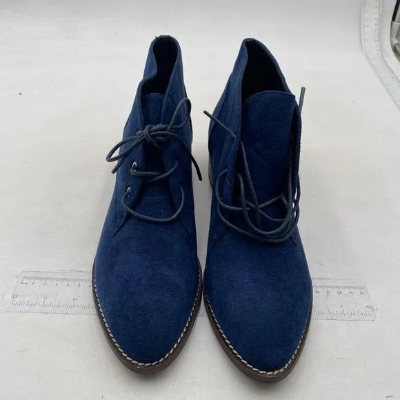 YDN Women Trendy Low Heel Pointed Toe Lace Up Chukka Ankle Boots Flats Blue Shoe